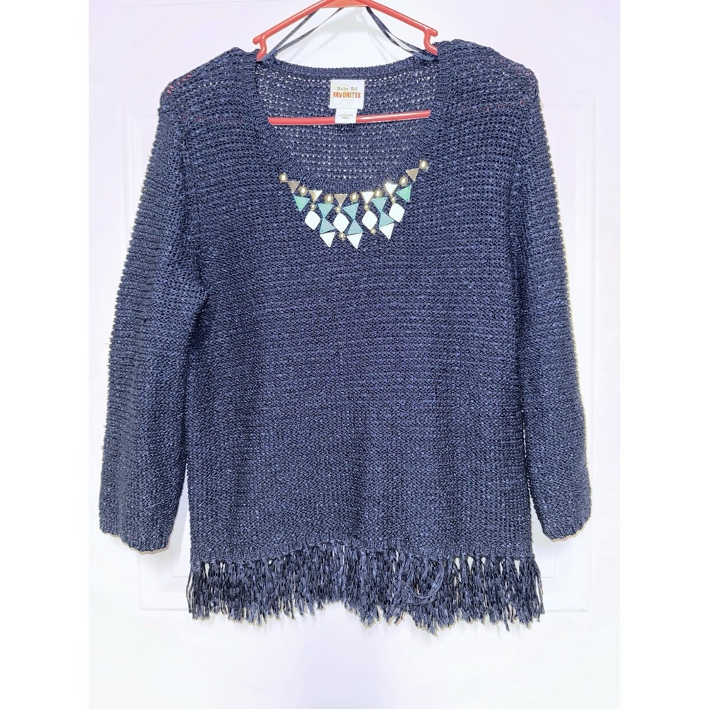 Ruby Rd Dark Navy Blue Beaded Neckline Pullover Fringe Winter Sweater Size Large